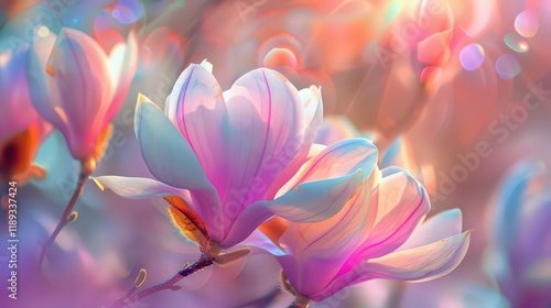 Pink magnolias bloom on a magical spring background, illuminated by the sun.