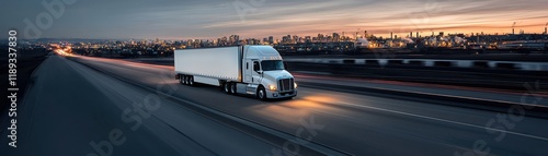 A truck drives along a highway at dusk, with city lights twinkling in the background, showcasing a serene yet industrious moment on the road.