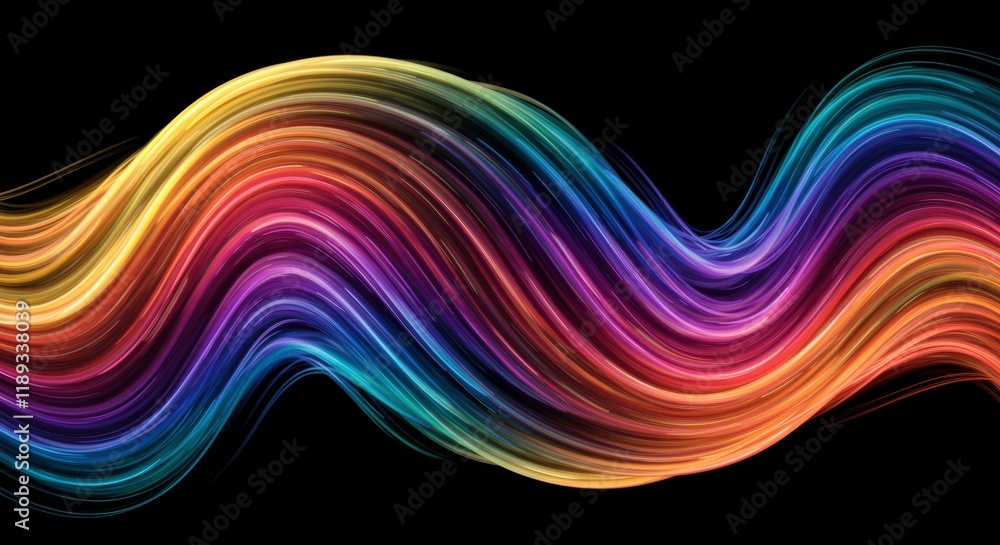 Obraz premium Rainbow Wave Abstract: Vibrant, flowing lines of rainbow hues create a dynamic and energetic abstract wave against a stark black background. The image is perfect for projects needing a bold.