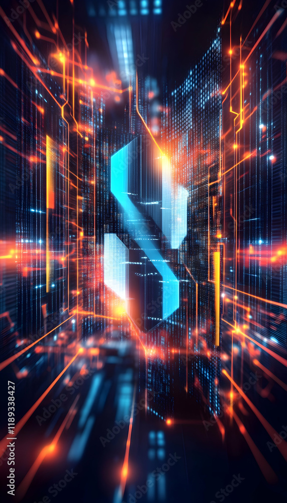 Fototapeta premium Futuristic digital city glowing network data transfer speed