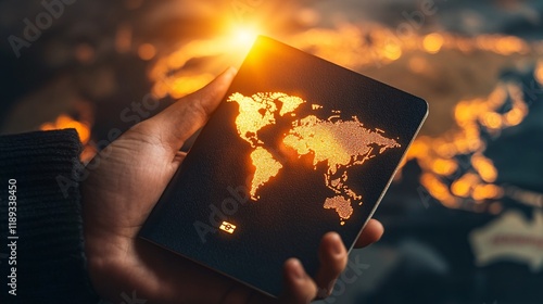 Close Up of Hand Holding Passport Against World Map Background