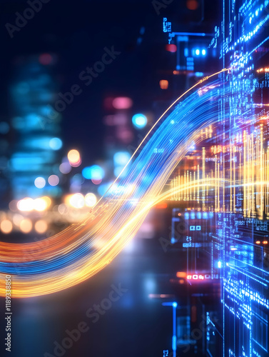 Wallpaper Mural Futuristic digital data stream flowing through city at night; abstract technology background for websites and presentations Torontodigital.ca