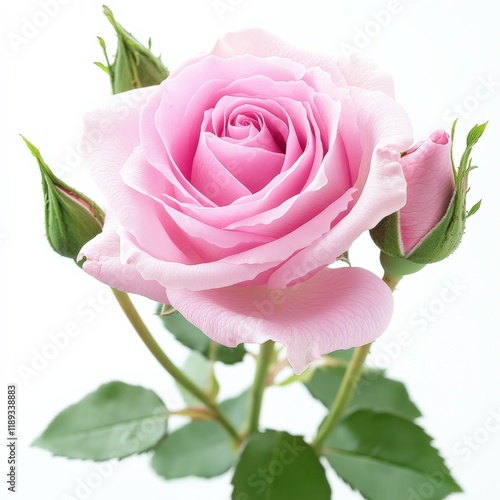 Pink rose with buds on a white background