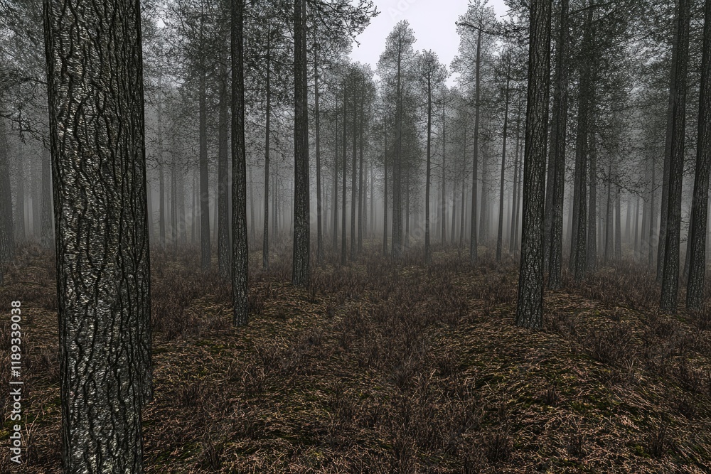 Obraz premium Misty pine forest path, autumn ground cover, background fog, nature scene