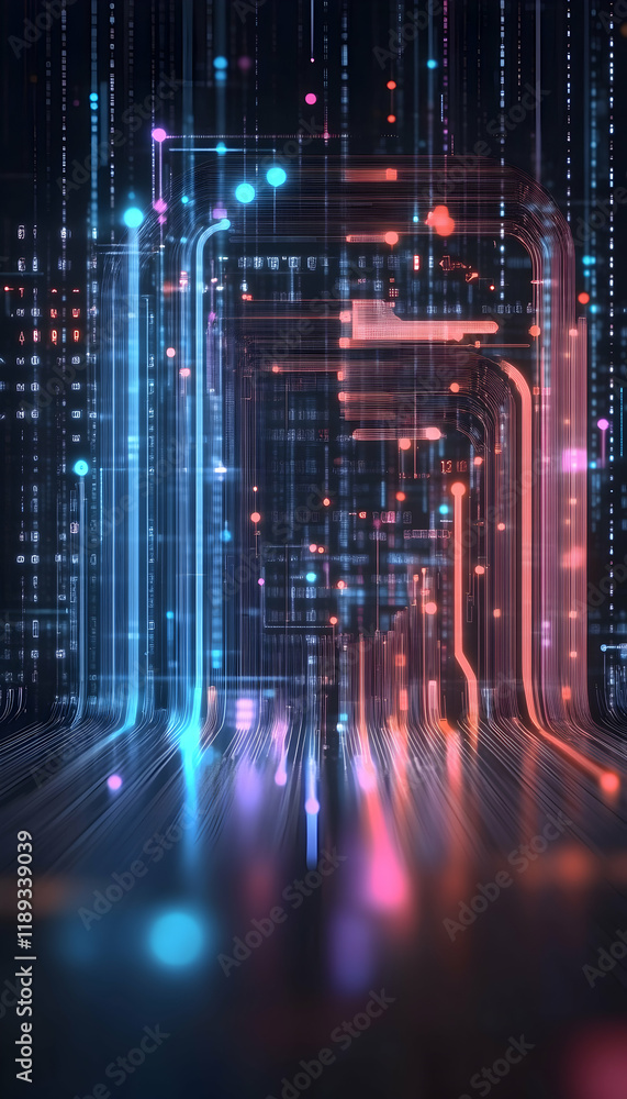 Obraz premium Futuristic digital data streams flow through a glowing circuit board; background is a matrix of binary code; perfect for tech websites or presentations