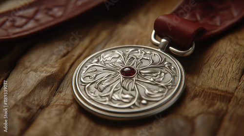 Silver Medallion, Leather Cord, Wooden Background, Close-Up, Awa photo