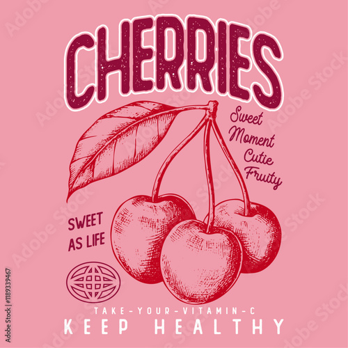 vector image of cherries written cherry sweet moment print style. Vector for silkscreen, dtg, dtf, t-shirts, signs, banners, Subimation Jobs or for any application. vintage graphics print art,