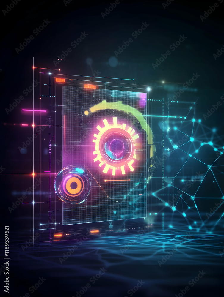 Fototapeta premium Futuristic digital interface design, glowing neon elements, network connections, abstract background, ideal for tech websites