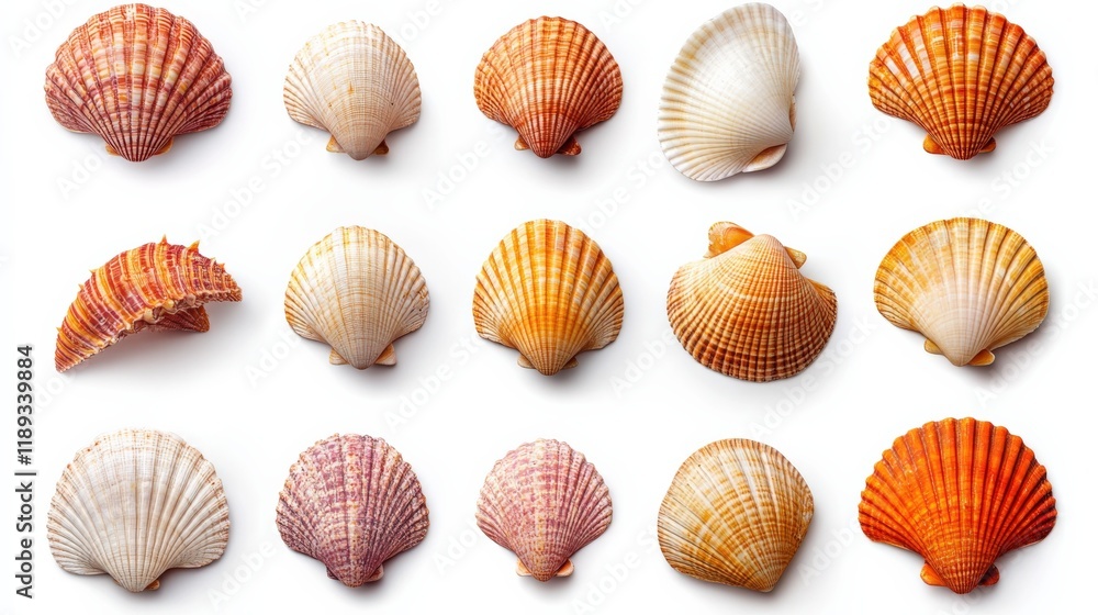fifteen seashells on a white background