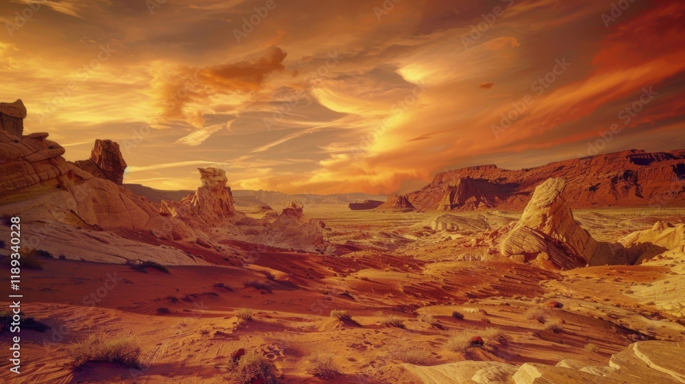 a surreal desert landscape ablaze with vibrant hues of orange and pink, white space in the center of the page for text, bold rock formations and shifting sands under a fiery sky