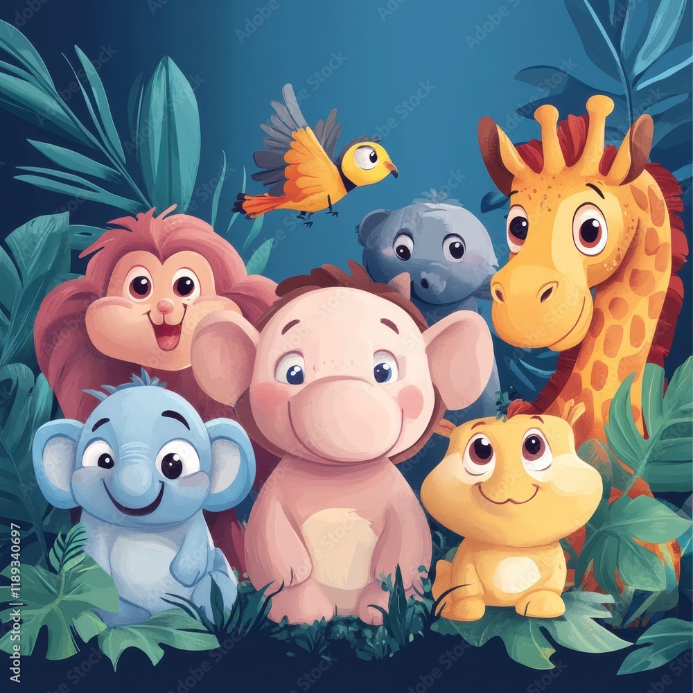 Naklejka premium Adorable Baby Animals Gather In Lush Tropical Foliage