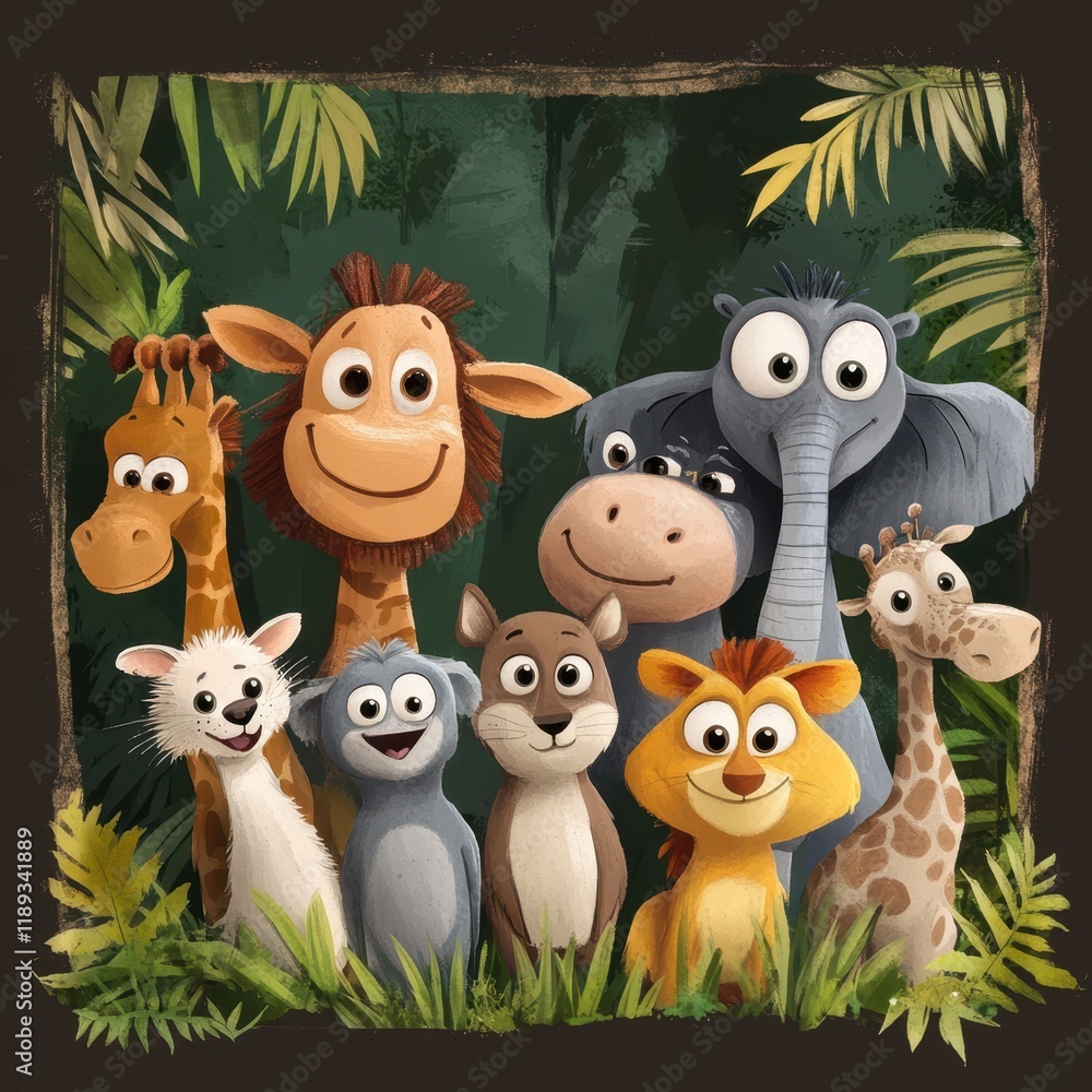 Fototapeta premium Adorable Jungle Animals Posing Together In Lush Foliage