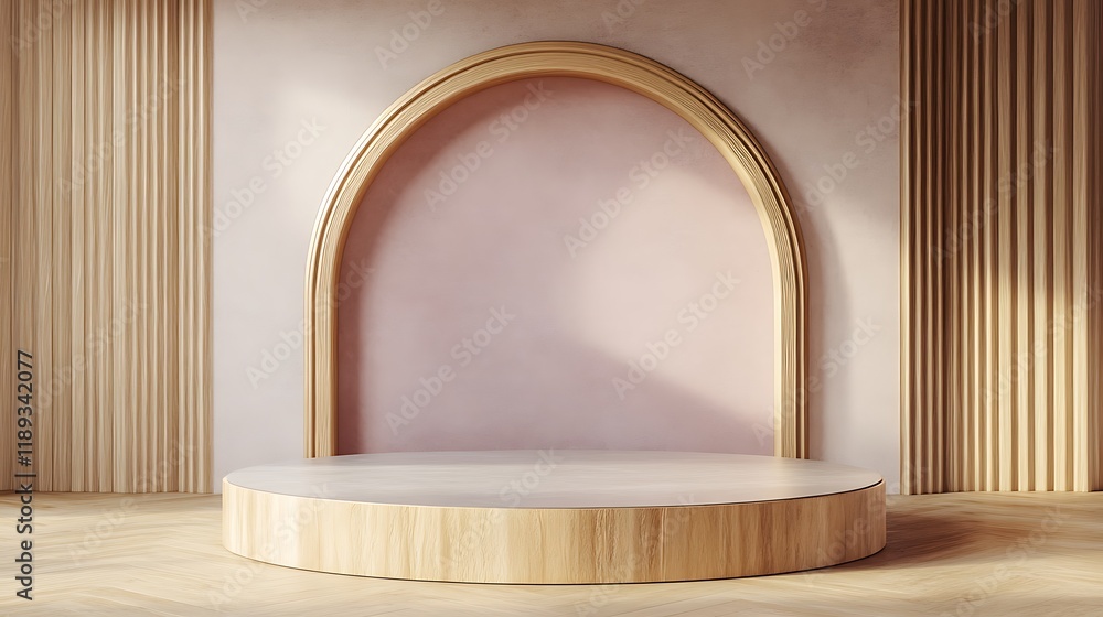 Wooden Podium Display with Arch and Paneling Background Wooden Podium Display with Arch and Paneling Background