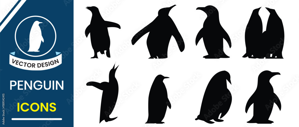 Obraz premium Penguin icon, mascot, logo design. Penguin silhouette, vector set design. Bird icon, silhouette, Penguin vector illustration. Set of silhouettes of birds, animals