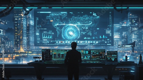 Supervisor in Control Room Overseeing Layered Data Display
