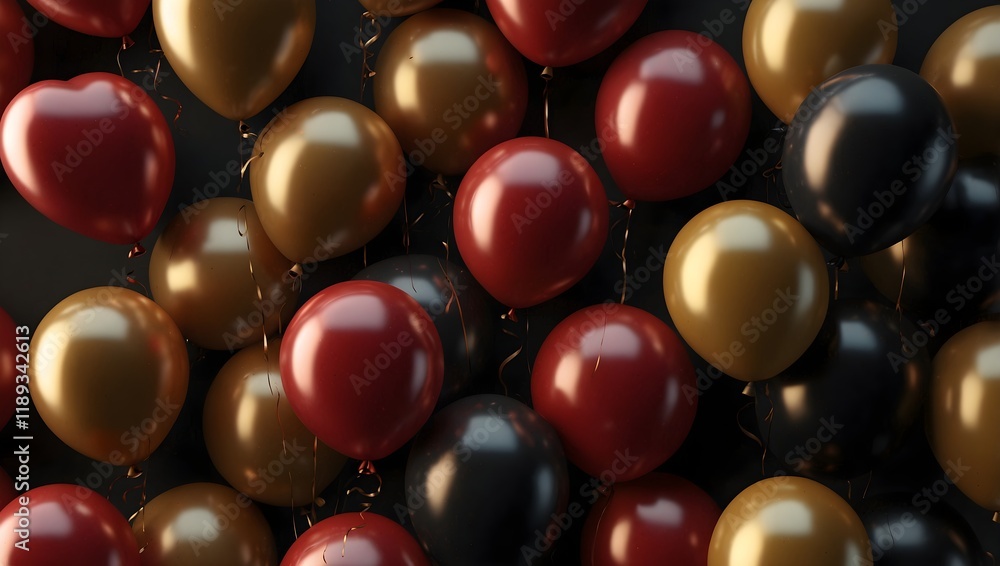 This image shows a closeup of a collection of shiny gold, red, and black balloons against a dark background. This image shows a closeup of a collection of shiny gold, red, and black balloons against a dark background.