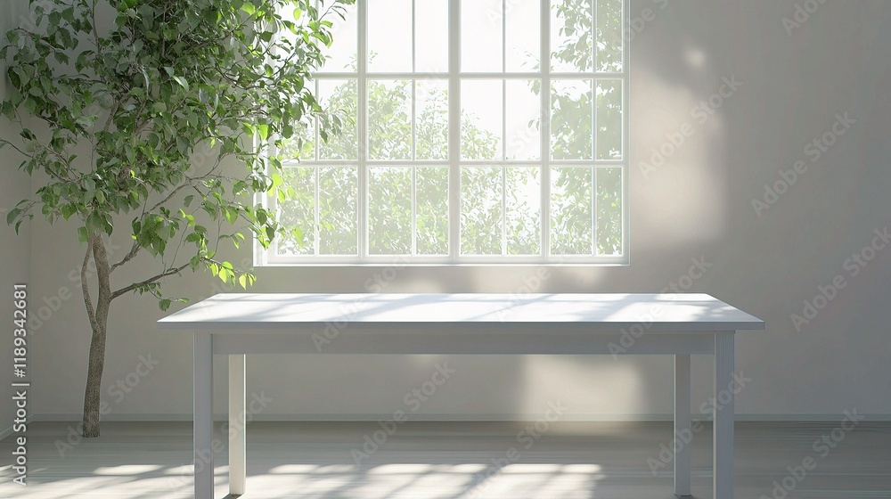 Fototapeta premium Elegant White Wood Table by Large Spring Window in Bright Room