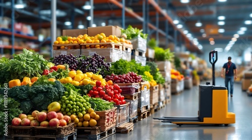 Fresh fruits and vegetables in a warehouse with a Pallet Jack and worker