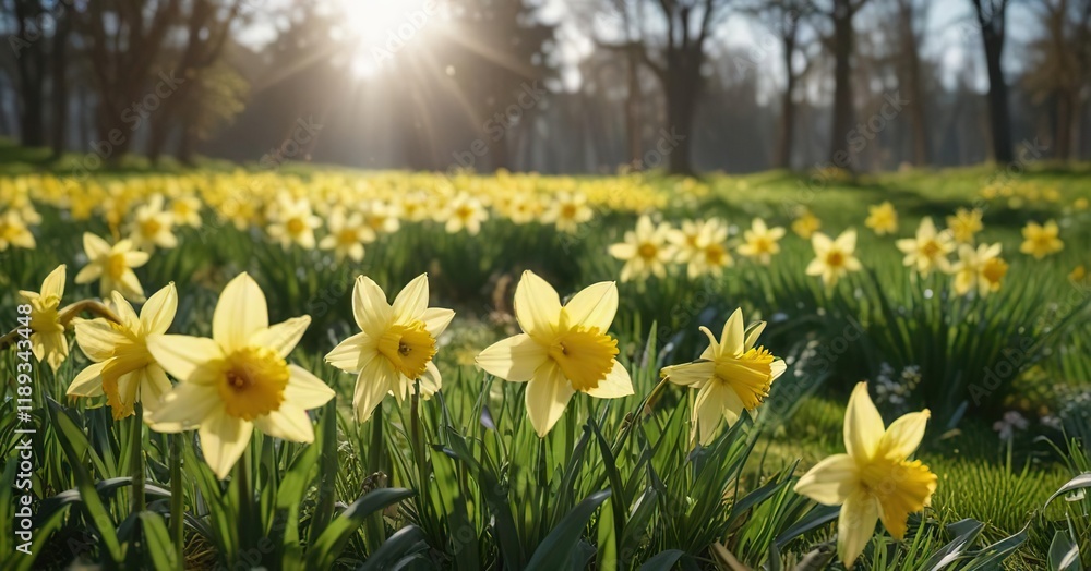 Fototapeta premium Sunny daffodils swaying gently in a green meadow, sunny landscape, yellow flowers