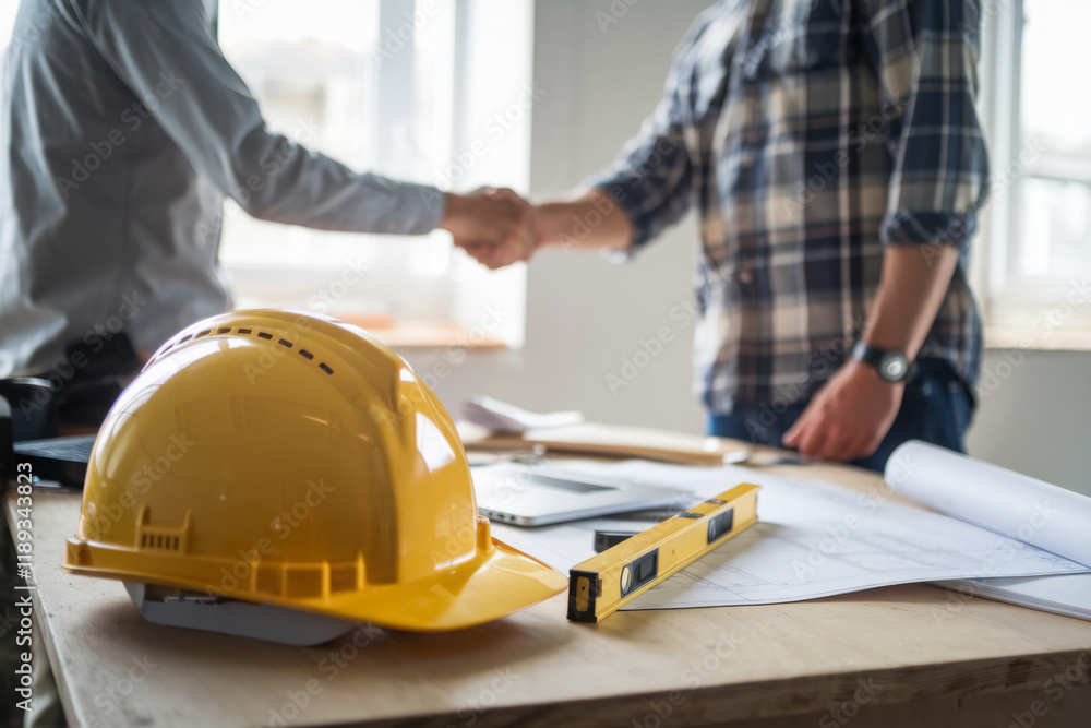 yellow safety helmet on workplace desk with construction worker team hands shaking greeting start up plan new project contract in office center at construction site, partnership and contractor concept yellow safety helmet on workplace desk with construction worker team hands shaking greeting start up plan new project contract in office center at construction site, partnership and contractor concept