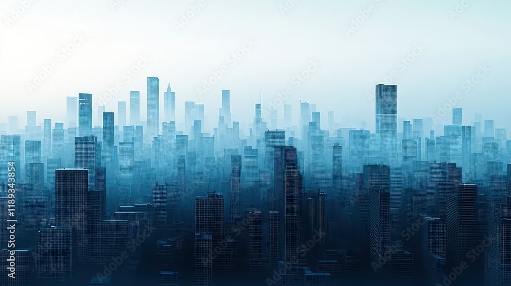 Fototapeta premium A foggy cityscape with towering skyscrapers, creating a serene yet mysterious atmosphere of urban life.
