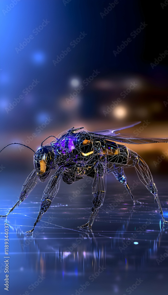 Fototapeta premium Futuristic robotic insect on digital surface, city lights background; tech, innovation concept
