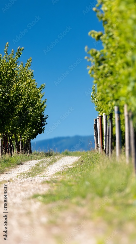 Obraz premium Serene Vineyard Path Bright Sunlight Rustic Road Lush Green Foliage. AI Generated