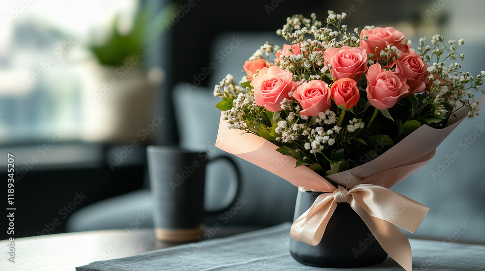 Obraz premium Luxurious bouquet of red and pink roses with delicate white accents resting on a cozy table by the window