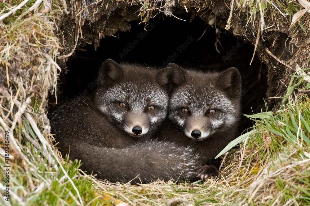Naklejka premium A pair of arctic foxes curled up together in a den, sheltered from the biting Arctic wind.
