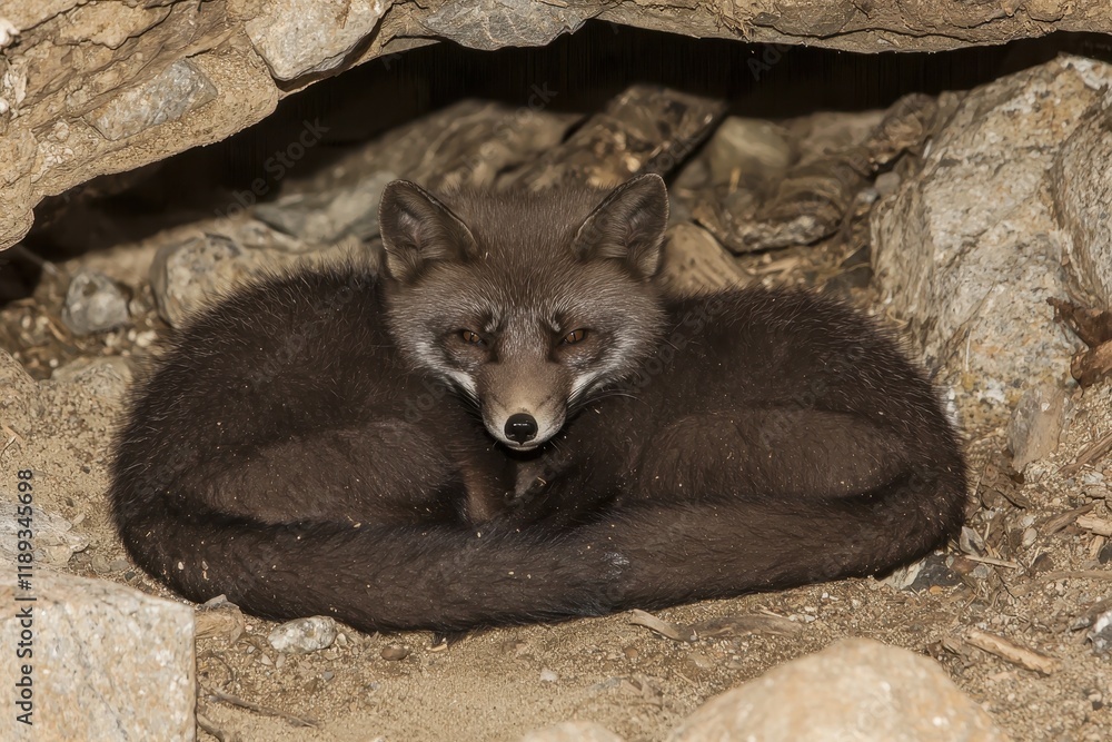 Fototapeta premium A pair of arctic foxes curled up together in a den, sheltered from the biting Arctic wind.