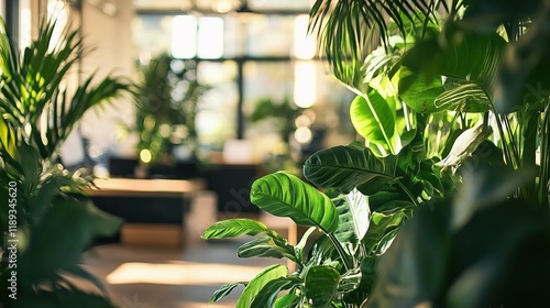 Fototapeta Naklejka Na Ścianę i Meble -  Lush Indoor Greenery: Sunlight streams through a large window, illuminating a vibrant collection of indoor plants, creating a tranquil and inviting atmosphere within a modern space.