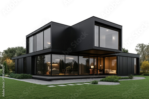 Modern black cube house with interior lighting on transparent background photo