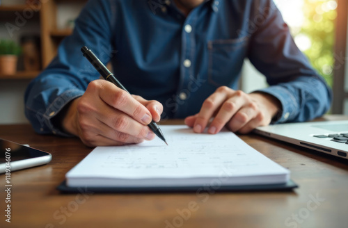 Man's hand using pen writing on the notebook on the wood table with technology equipment device while remote working. Work from home or teleworking