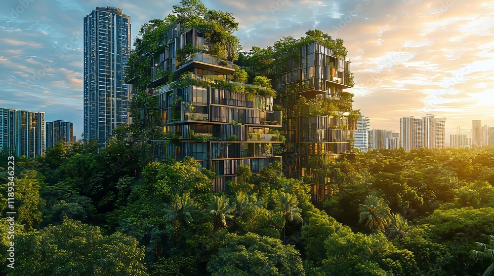 Obraz premium Vertical Green Oasis: Lush Towers at Golden Hour