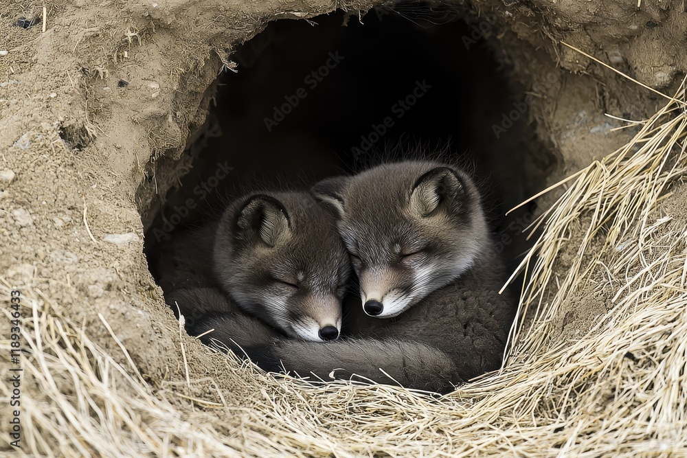 Fototapeta premium A pair of arctic foxes curled up together in a den, sheltered from the biting Arctic wind.