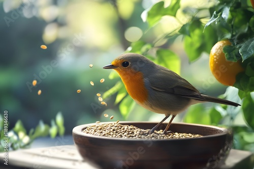 Bird Pecking Seeds in Garden photo