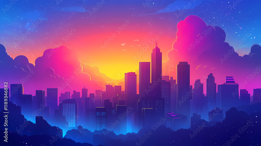 Surreal twilight skyline with wispy clouds and vibrant colors. Duskfall. Illustration Surreal twilight skyline with wispy clouds and vibrant colors. Duskfall. Illustration