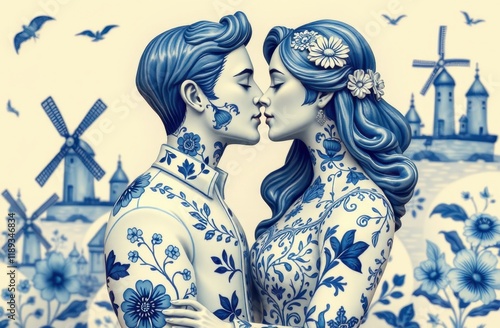 Close Up Artwork Couple In Delftware Blue At 11-1-2025 photo