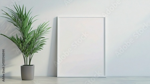 Modern Frame Mockup on White Wall with Indoor Plant Decoration