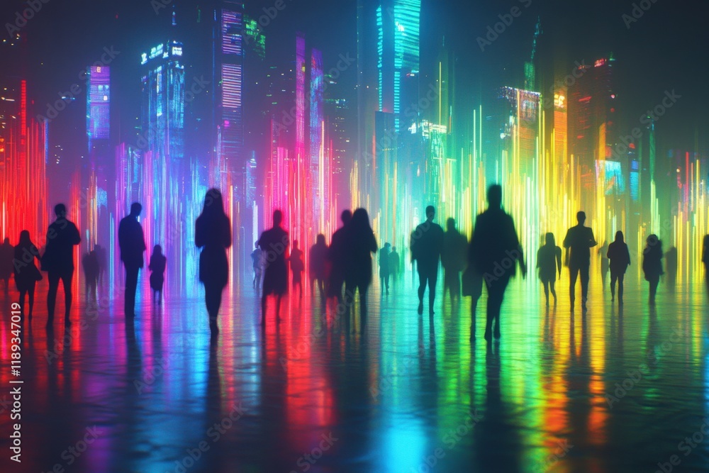 silhouetted people walking in a colorful city silhouetted people walking in a colorful city