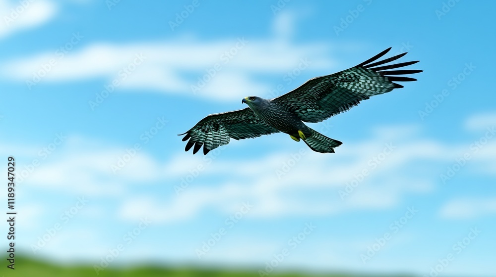 Obraz premium Majestic hawk soars gracefully through vibrant blue sky sunlit clouds. AI Generated