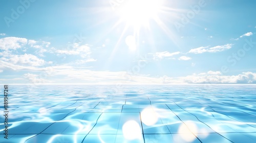 Bright Sunny Day Over Calm Water Surface with Reflections and Light