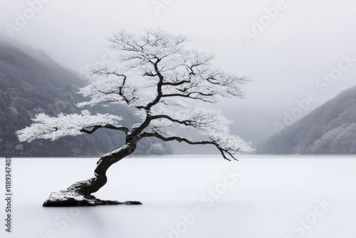 冬の静かな湖畔に立つ一本の雪に覆われた木 photo