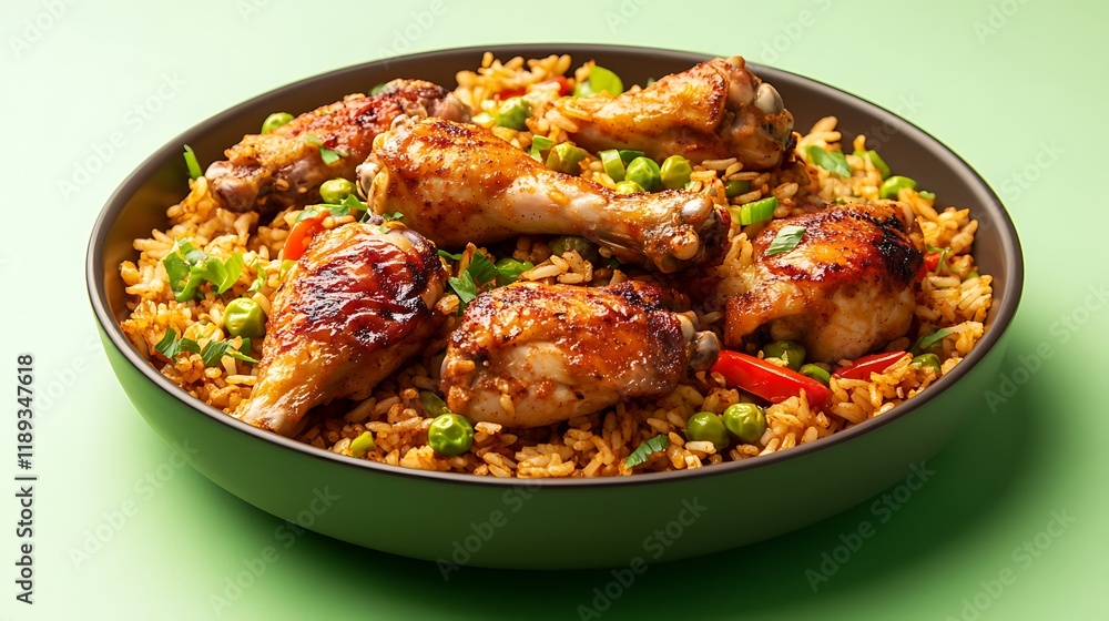 cajun chicken with fried rice served in a dish isolated on green background side view food cajun chicken with fried rice served in a dish isolated on green background side view food
