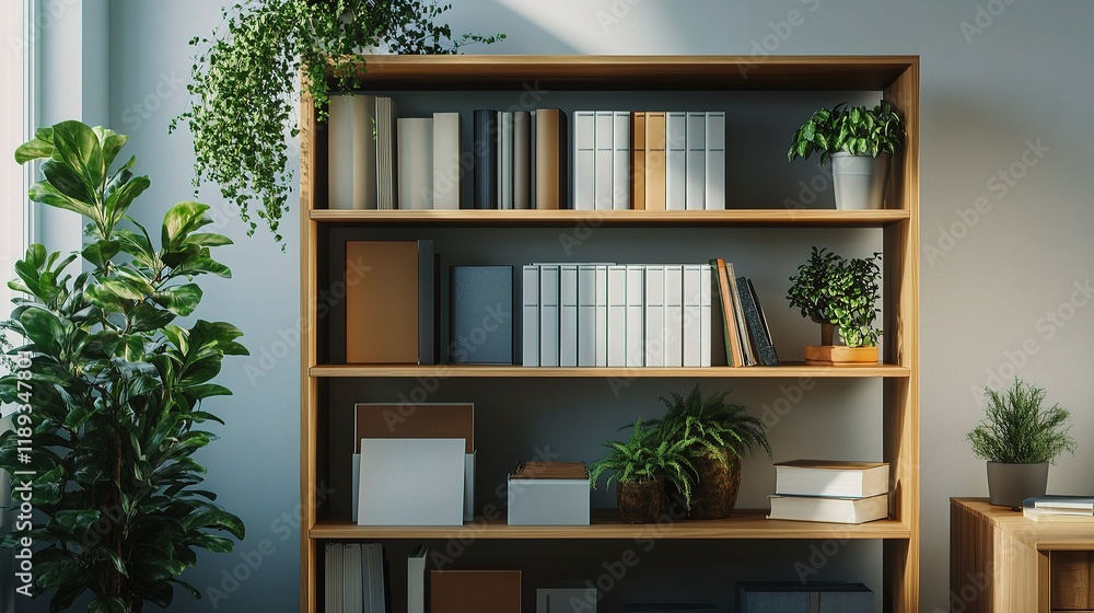 Organized Office Bookcase with Plants and Folders in Bright Space