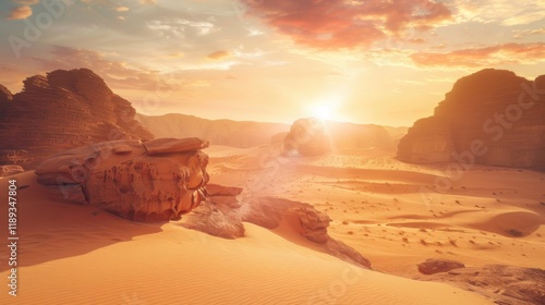 a surreal desert landscape painted with vibrant sunset colors and surreal rock formations, white space in the center of the page for text, bold and dynamic hues against a backdrop of golden sands photo