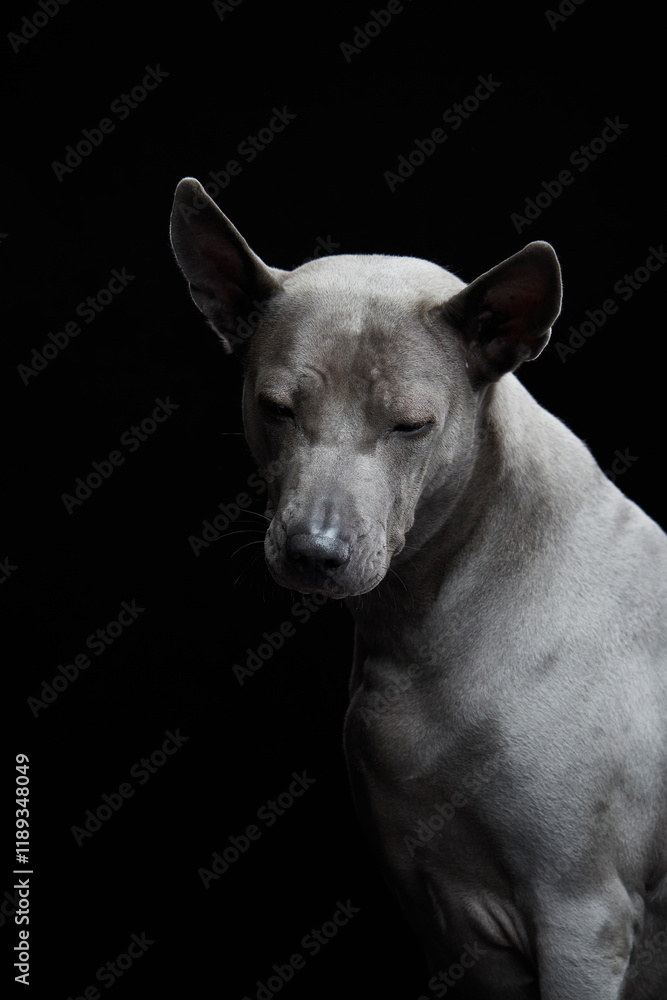 A close-up of a grey dog's face shows shadows creating depth and texture on a black background. The lighting emphasizes the dog's eyes and fur details, evoking a sense of mystery. A close-up of a grey dog's face shows shadows creating depth and texture on a black background. The lighting emphasizes the dog's eyes and fur details, evoking a sense of mystery.