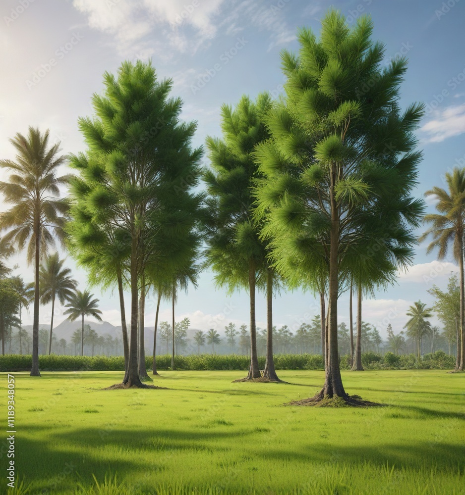Tall casuarina trees sprouting from a lush green lawn in a garden landscape, foliage, verdant lawn, garden Tall casuarina trees sprouting from a lush green lawn in a garden landscape, foliage, verdant lawn, garden