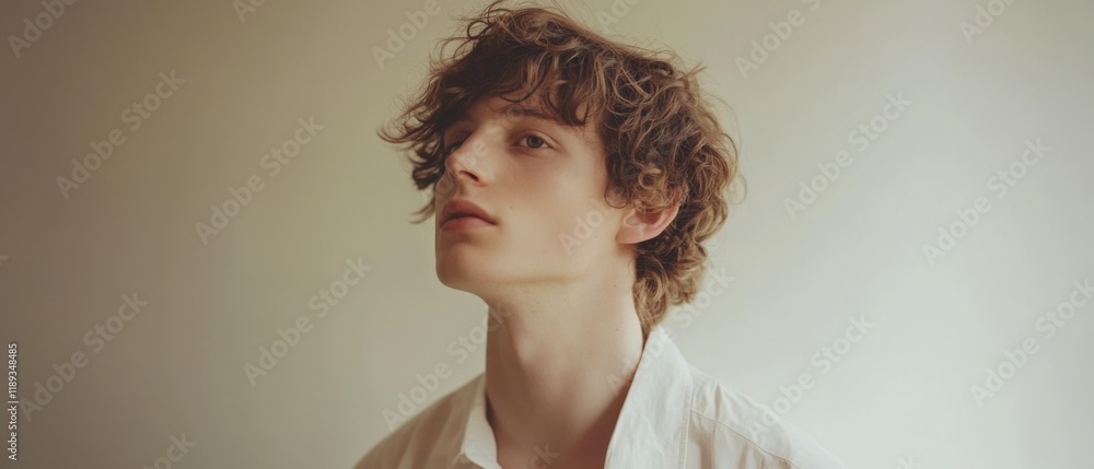 a person with curly brown hair looking up