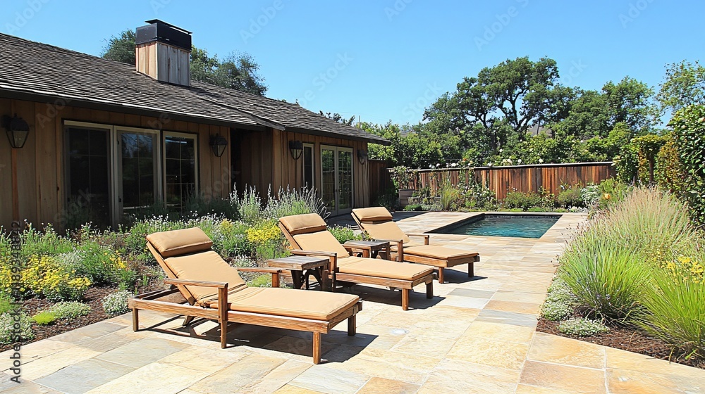 Obraz premium Luxury Poolside Relaxation- Wooden Loungers and Tranquil Garden